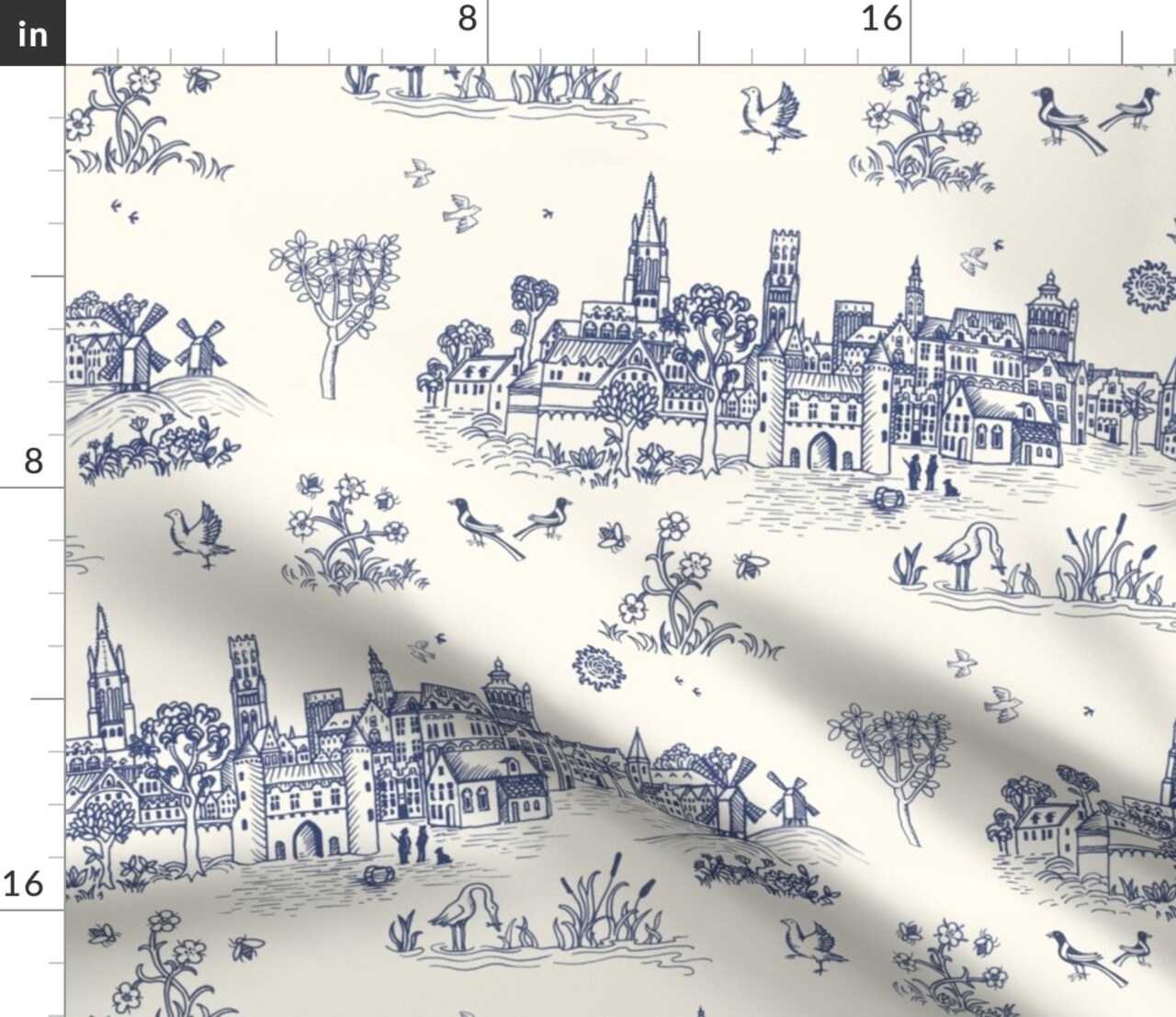 Old Town Houses Block Print Medieval Woodbolock Birds Toile De Jouy Custom Printed Fabric by Spoonflower Various Fabrics by the Yard or Fat Quarter
